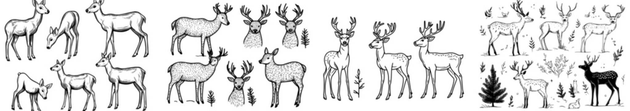 A compilation of dark deer shapes in diverse postures, highlighting both masculine and feminine figures, ideal for visual design projects