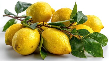a fresh bunch of bright yellow lemons with smooth skin on a white isolated background, tangy and refreshing design