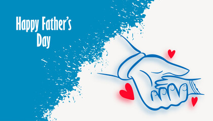 Happy Father's Day greeting card with artistic blue grunge background, child holding father's hand illustration, and red heart icons – celebrating the bond between father and child.
