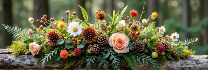 Colorful floral arrangement with pine cones on a rustic wooden log surrounded by greenery in outdoor setting