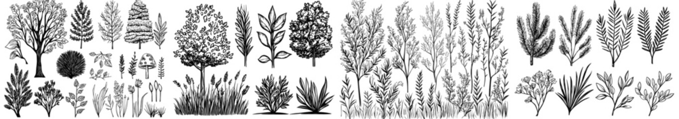 A compilation of diverse tree and plant silhouettes ideal for designs, illustrations, and backgrounds with a nature theme