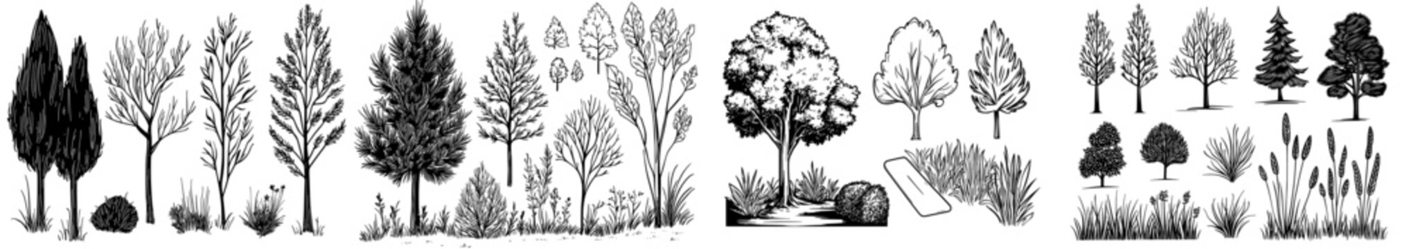 A set of black silhouette illustrations featuring diverse trees, plants, and flowers suitable for designs and backgrounds with a nature theme