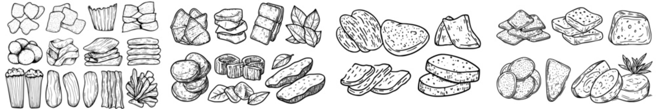The snacks include cracker chips, cartoon pretzel sticks, twisted straws, rolls, salty baked chips, onion rings, and appetizers, all of which are delicious crispy baked food from a modern bakery set
