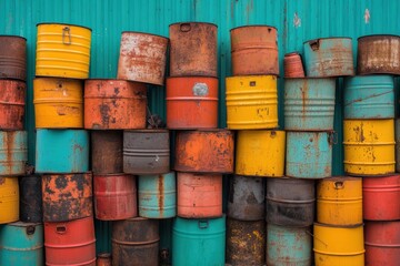 Vibrantly colored metal barrels stacked against a green backdrop in an industrial setting