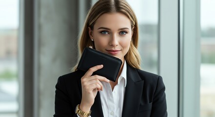 Fototapeta premium Woman Holding a Small Black Wallet in Modern Office Setting