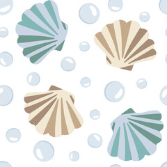 seamless pattern scallops bubbles pearl shells, white background repeating underwater ocean design, elegant and marine texture for textile print, sea creatures