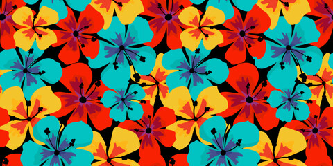 bright hawaiian seamless floral pattern with tropical hibiscus flowers, summer exotic background, vibrant colorful design for textile, fabric, wrapping, beachwear © pani_Nadichka