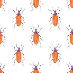Seamless pattern with colorful soldier beetles featuring bright orange bodies and purple details. Hand-painted watercolor insect for fabrics, children’s products, stationery,packaging.
