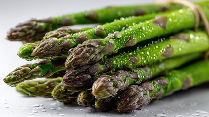 a fresh bunch of green asparagus with water droplets on a white isolated background, healthy and fresh design