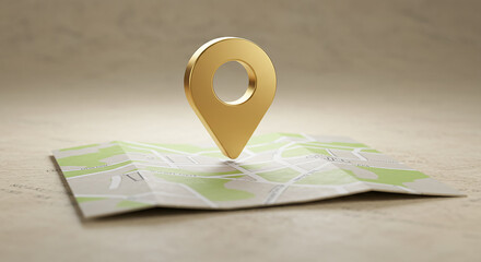 Golden location pin hovering over folded paper city map navigation concept