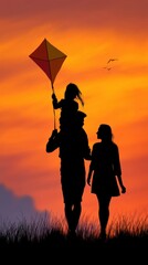 Silhouette of family flying a kite at sunset