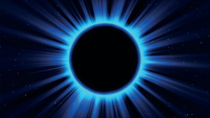 Abstract fantasy background. Amazing scientific natural phenomenon. Total solar eclipse with bright ring effect glowing with rays. Solar corona is visible. Vector illustration.