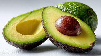 a fresh, vibrant avocado sliced in half with a smooth seed inside on a white isolated background, healthy and creamy design