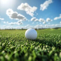 Obraz premium Golf ball rests on a lush green fairway.