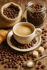 Fototapeta premium Warm Cup of Coffee With Scattered Beans and Pastry on Wooden Table in Cozy Cafe Setting