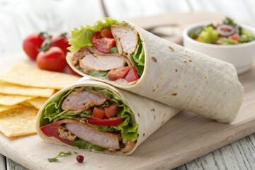 Fresh Meat Wrap With Lettuce and Tomatoes on a Wooden Board Generative AI