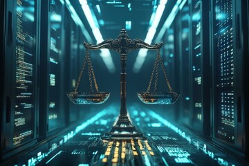 A digital scales of justice in a futuristic server room with glowing blue and gold accents shown