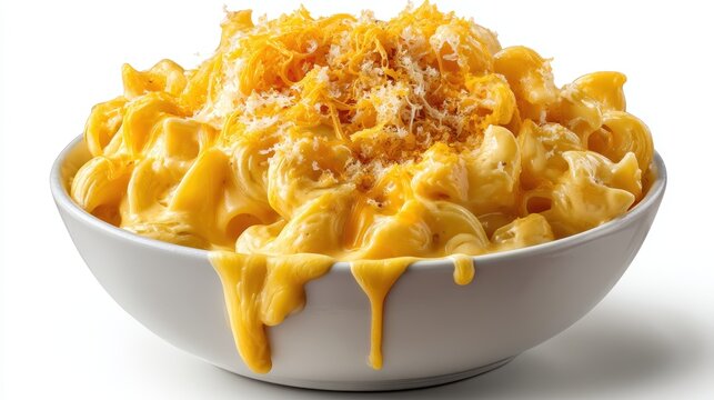 a bowl of warm, creamy mac and cheese with melted cheese on top on a white isolated background, cheesy and comforting design