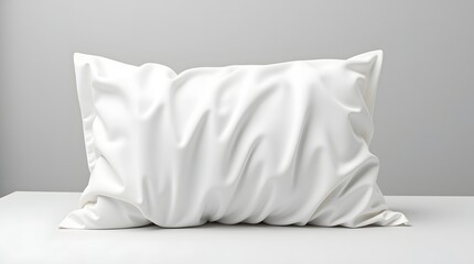 A soft, wrinkled white pillow resting on a minimalistic table against a light gray background.