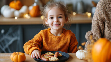 Happy child in orange sweater enjoying a cozy autumn moment at kitchen table