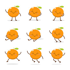 Fototapeta premium Cute Smiling Orange Character. Kawaii Orange Fruit Mascot Style Vector. Cute vector character set in various action emotions. Collection symbols isolated on a white background