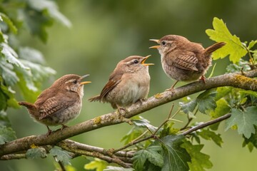 Obraz premium Group of Wrens Perched on a Branch During Springtime Generative AI