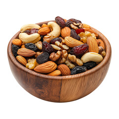 mixed nuts and dried fruits in a wooden bowl isolated on a transparent background