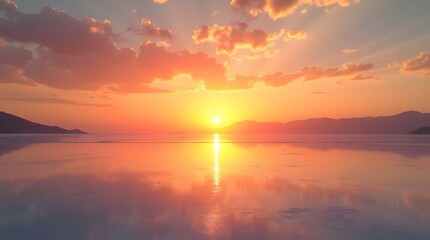 Stunning sunset over a tranquil lake, casting vibrant colors across the sky and water, creating a serene and peaceful atmosphere.