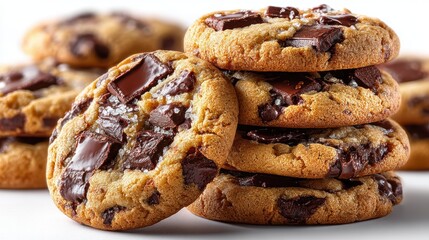 a fresh batch of chocolate chip cookies with melted chocolate chunks on a white isolated background, gooey and delicious design