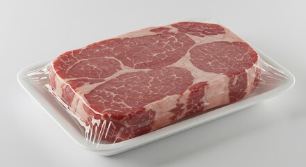 Fresh-Cut Beef Steak: A close-up view of a beautifully marbled, fresh-cut beef steak, carefully packaged in a clear wrap and placed on a clean tray, ready for the culinary arts. 