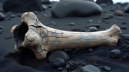 A weathered dog bone lying among smooth black pebbles on a dark, sandy surface, exuding a sense of nostalgia and adventure.