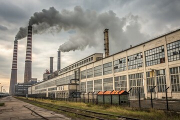 Fototapeta premium Factory With Large Smokestacks Releasing Dark Smoke Into Sky Generative AI