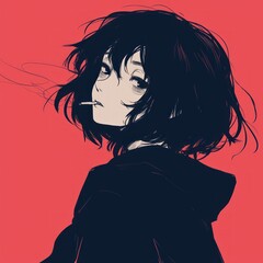 A moody anime girl with short black hair, smoking