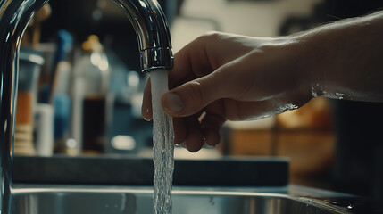 Hand Adjusting a Running Faucet in a Kitchen