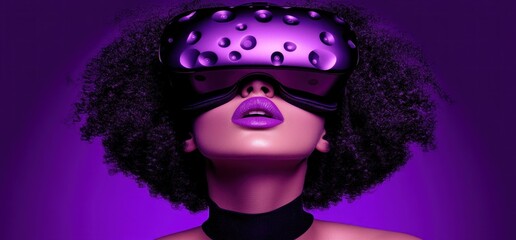 Woman in VR headset, purple background, exploring virtual reality