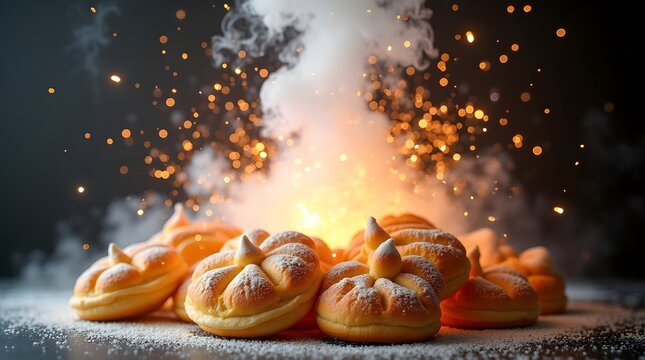 A beautiful arrangement of pumpkin-shaped pastries dusted with powdered sugar, surrounded by a dramatic burst of smoke and sparks. - Powered by Adobe