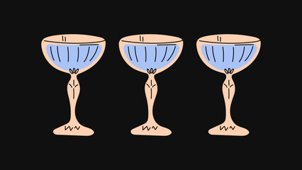 Whimsical summer cocktails — groovy hippie aperitifs in hand-drawn glasses, goblets, vessels, drinkware, flutes, cups, and tumblers