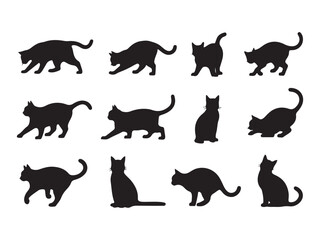 Set of Black Cat Silhouettes in Various Poses