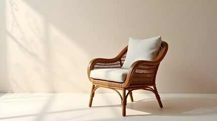 Stylish rattan chair with a light cushion against a soft, sunlit background.