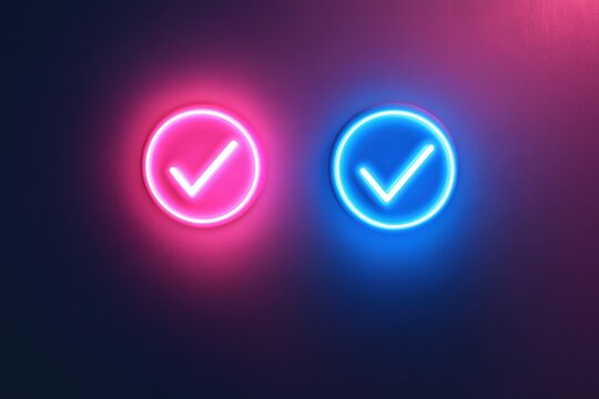 Blue and pink color light glowing check mark icon. Check mark symbol glowing neon light