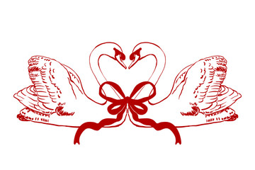 Couple of geese red ribbon line art, wedding, vintage, romantic, card on transparent background © 7nov.studio