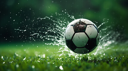 Naklejka premium Macro football flying mid-pass with rain droplets streaking from surface