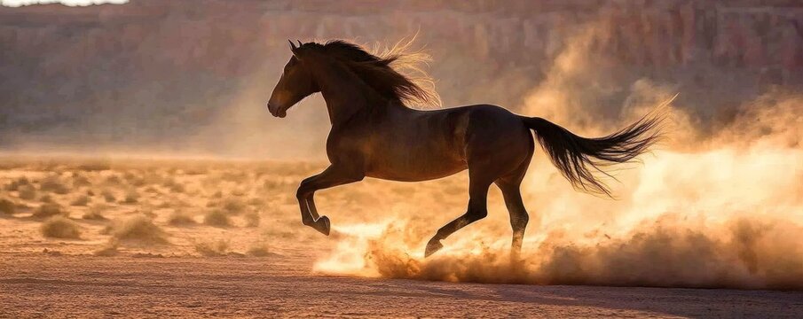 Majestic horse galloping through a desert landscape.