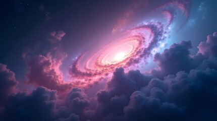 A vibrant galaxy illuminated by pink and purple hues, surrounded by soft clouds in a cosmic scene.