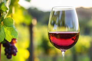 Glass of Red Wine in Vineyard at Sunset