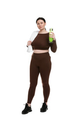 Plus size woman in gym clothes with towel and water bottle on white background