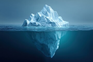 A massive iceberg floats serenely in cold, clear blue water, with most of its bulk hidden beneath the surface.