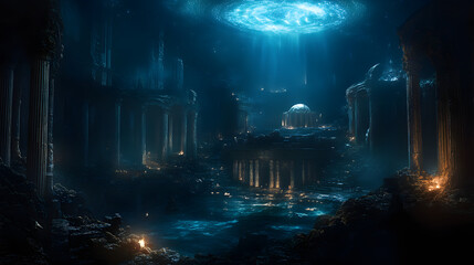 Obraz premium A forgotten city beneath the ocean, illuminated by bioluminescent sigils on its ruins.