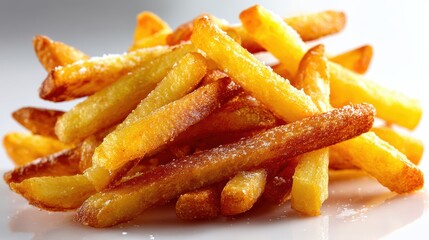a close-up of a golden, crispy french fry with a soft interior on a white isolated background, crunchy and delicious design