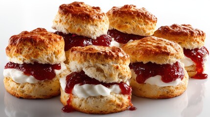a fresh batch of homemade scones with clotted cream and strawberry jam on a white isolated background, warm and indulgent design